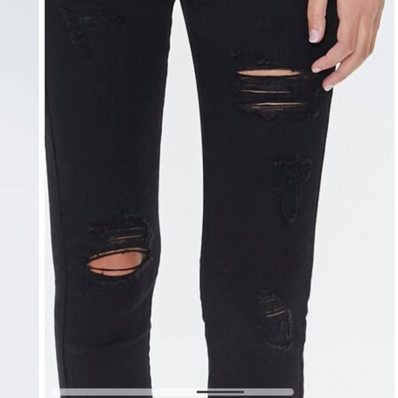 Forever 21 Distressed High-waisted Stretch 5-pocket Curvy Fit Black Skinny Jeans - Picture 3 of 11
